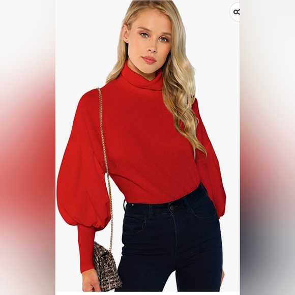 Romwe Lantern Sleeve Red Turtleneck Popover Top - Picture 1 of 12